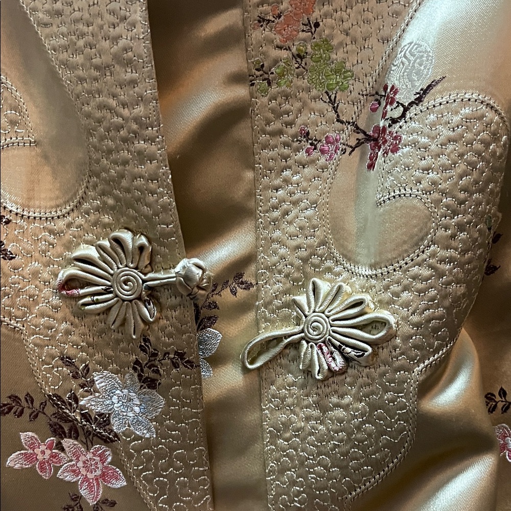 1960s Singapore Gold Brocade Silk/ Satin Tangzhuang Duster Jacket - Picture 3 of 5